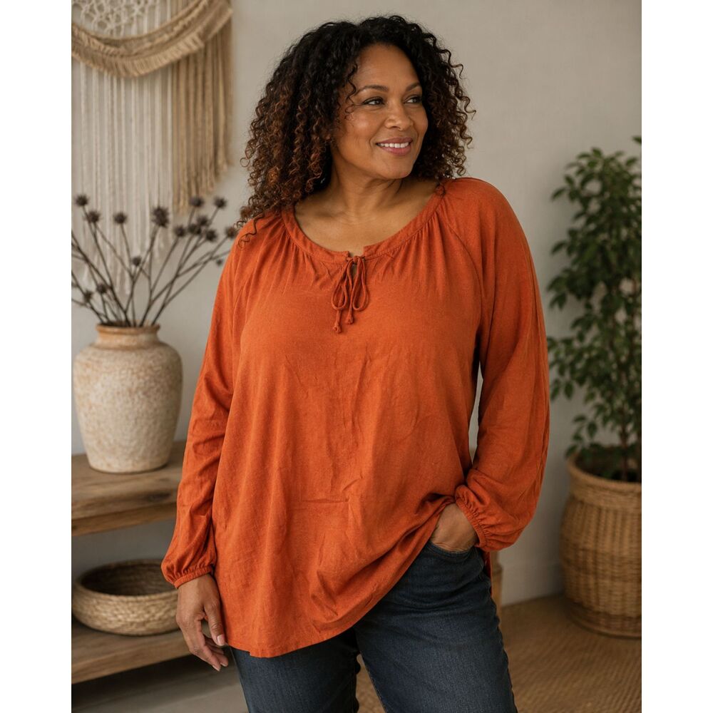 WMNS Rust Tie Front Peasant Top 3X Burnt Orange Rayon Lagenlook Layered Rustic
